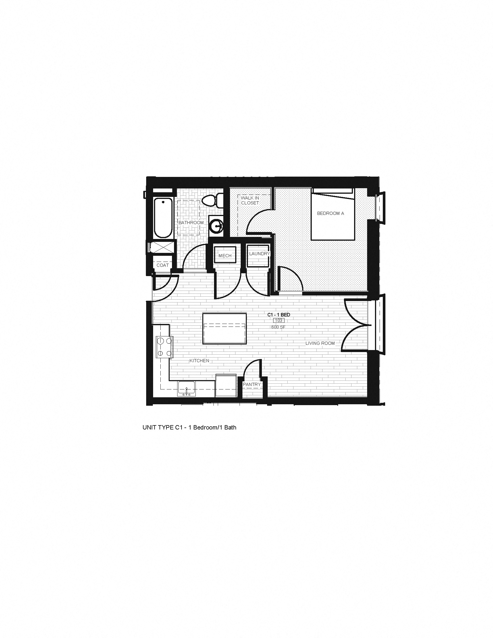 Floor plan for 1 bed, 1 bath, 745 sqft